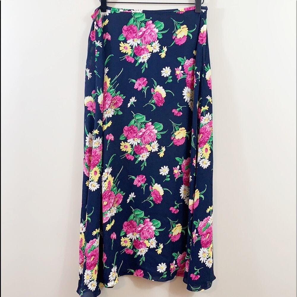 Lauren Ralph Lauren Petite Silk Navy/Pink/Yellow Floral Midi Skirt